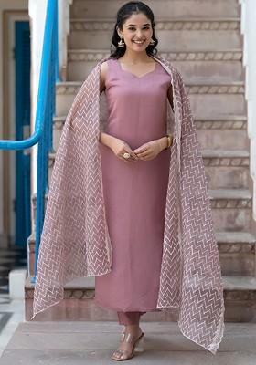 Pink Solid Silk Kurta Set