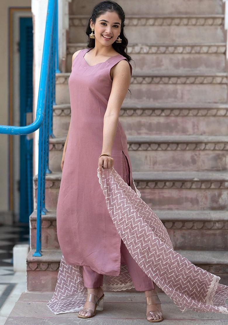 Pink Solid Silk Kurta Set