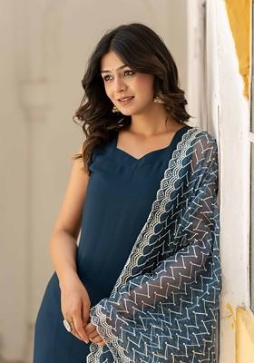 Teal Solid Silk Kurta Set