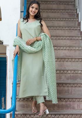 Green Solid Silk Kurta Set