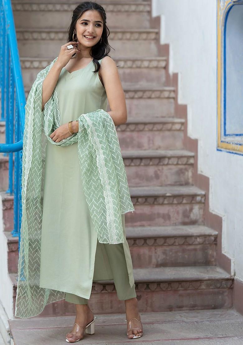 Green Solid Silk Kurta Set