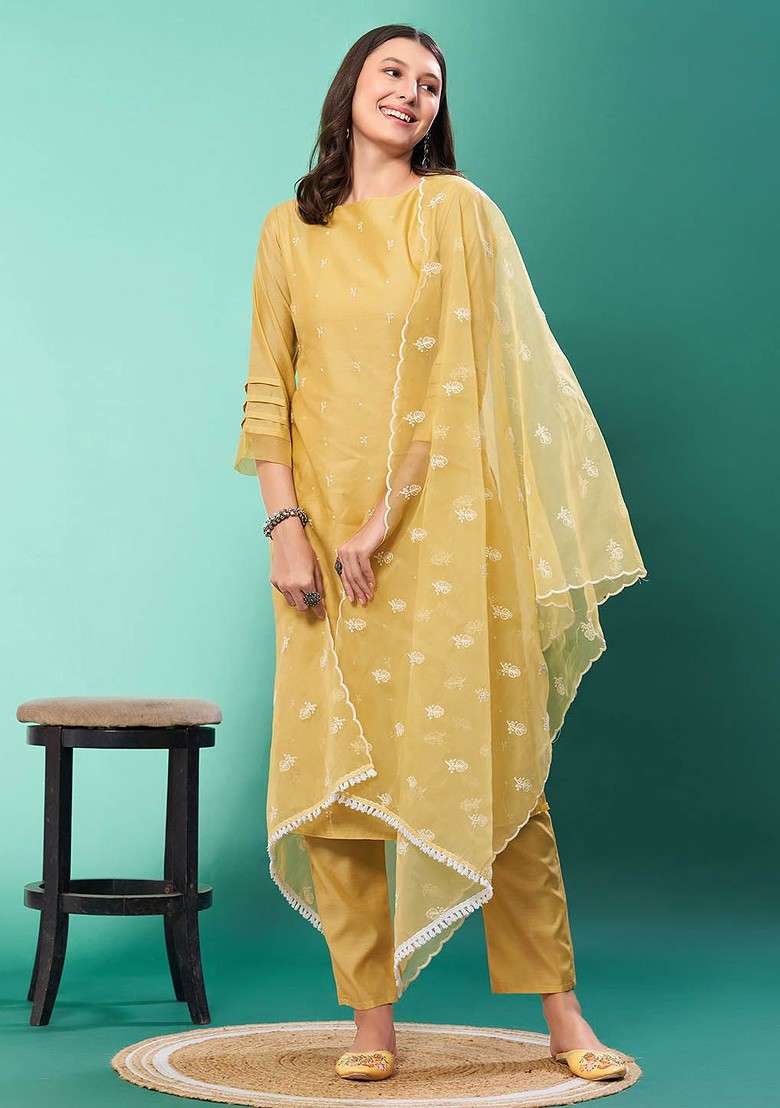 Yellow Embroidered Chanderi Straight Kurta Set - Indya