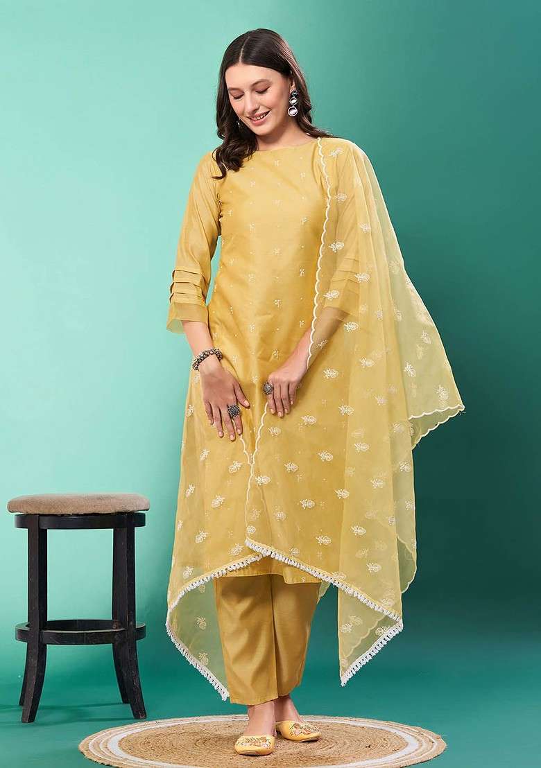 Yellow Embroidered Chanderi Straight Kurta Set - Indya