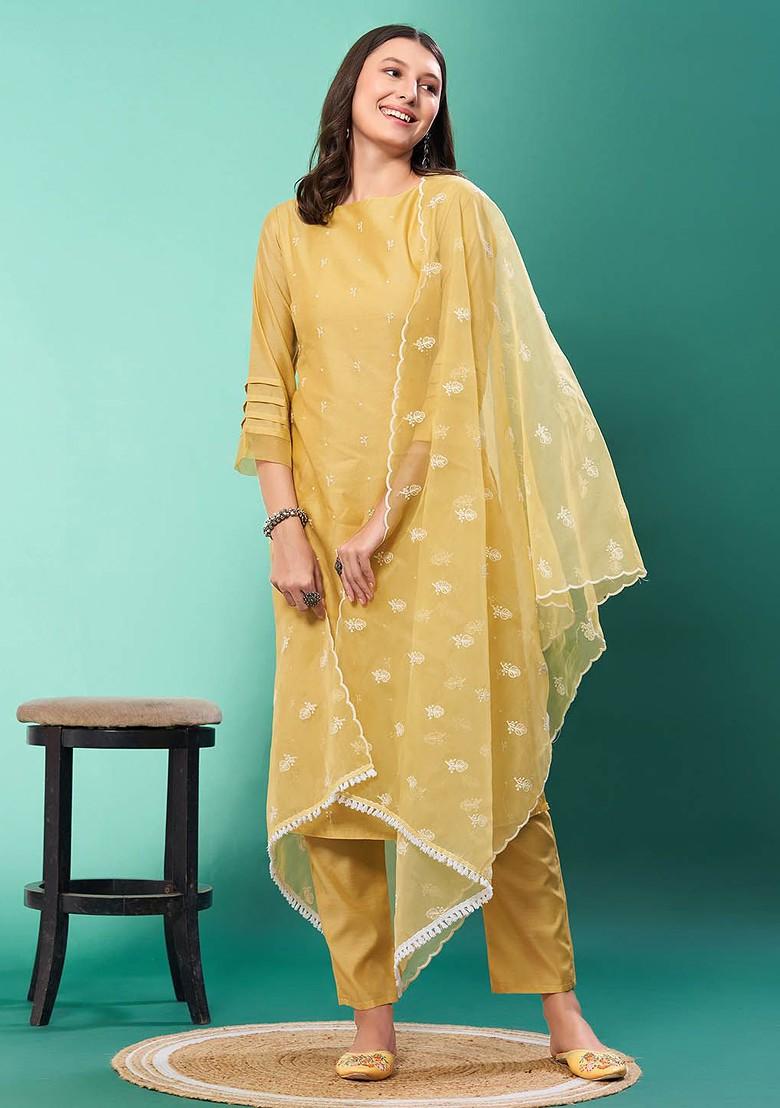 Yellow Embroidered Chanderi Kurta Set