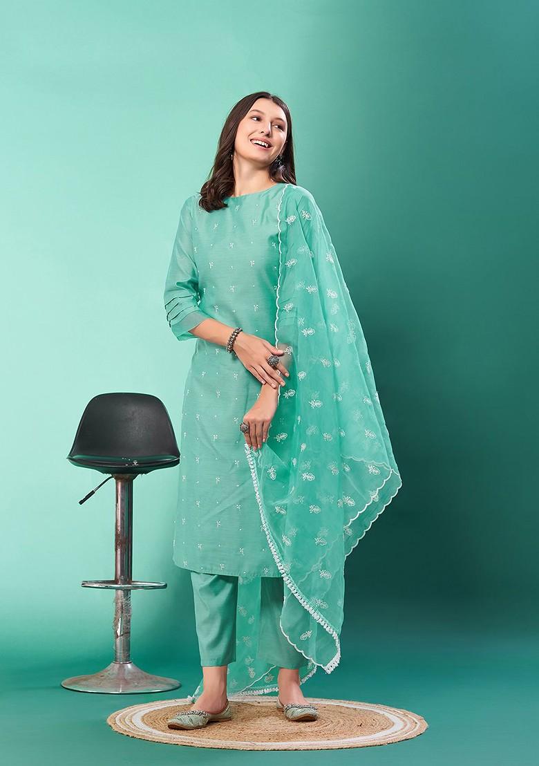 Sea Green Embroidered Chanderi Kurta Set