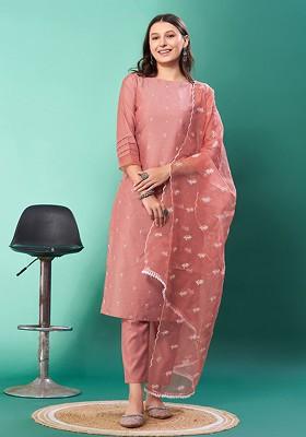 Peach Embroidered Chanderi Kurta Set