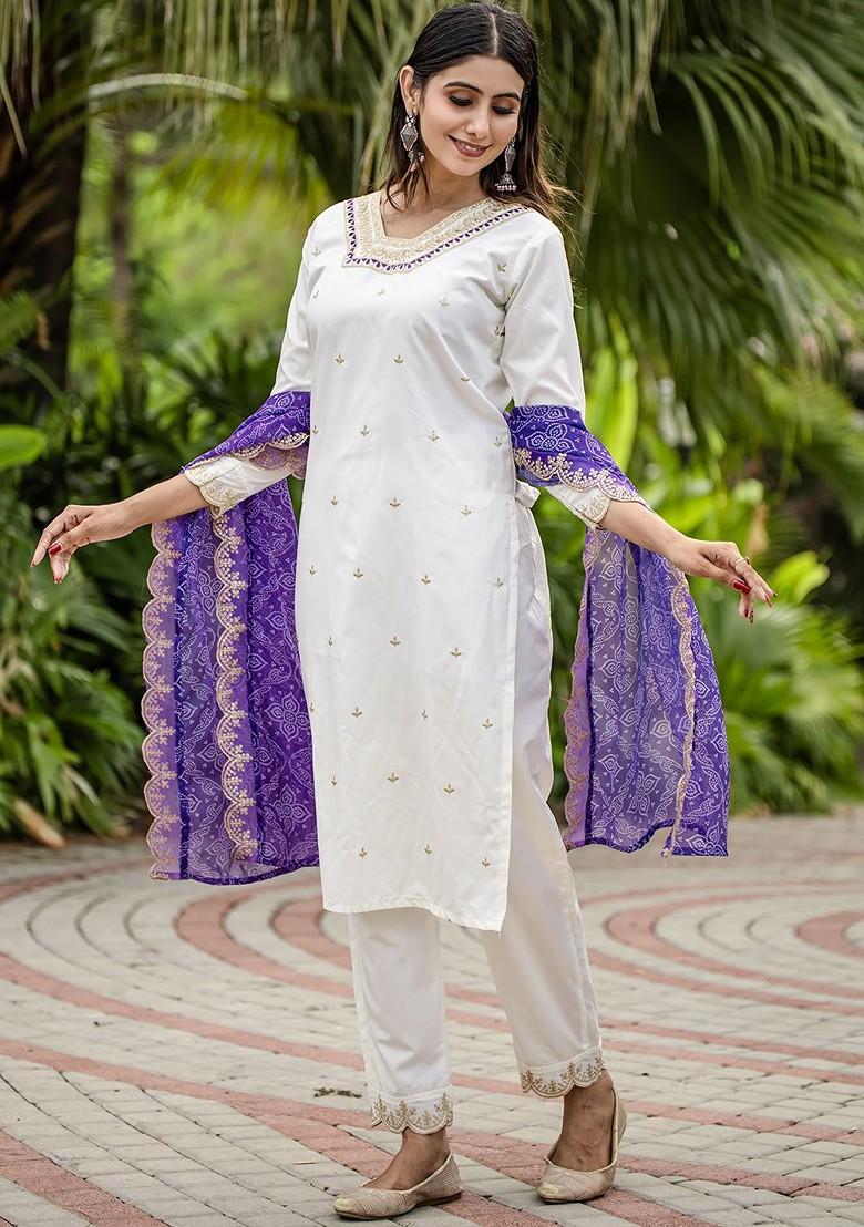 White Embroidered Poly Blend Kurta Set