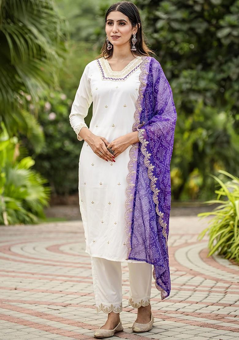White Embroidered Poly Blend Kurta Set
