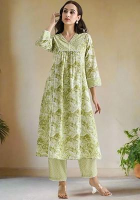 Lime Green Floral Print Poly Blend Kurta Set