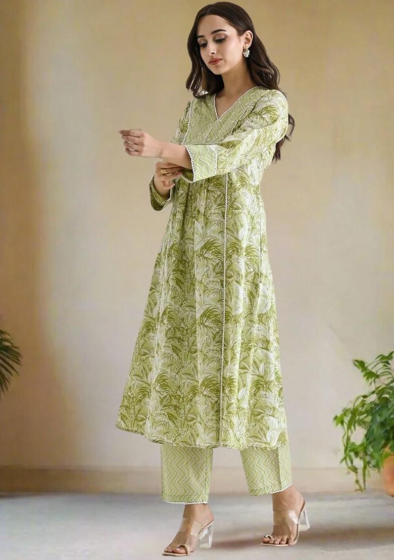 Lime Green Floral Print Poly Blend Kurta Set