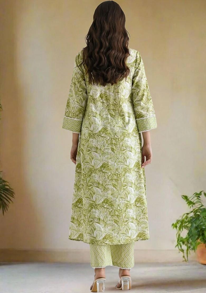 Lime Green Floral Print Poly Blend Kurta Set