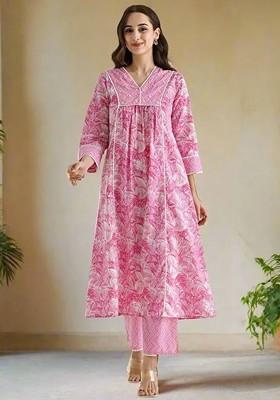 Pink Floral Print Poly Blend Kurta Set