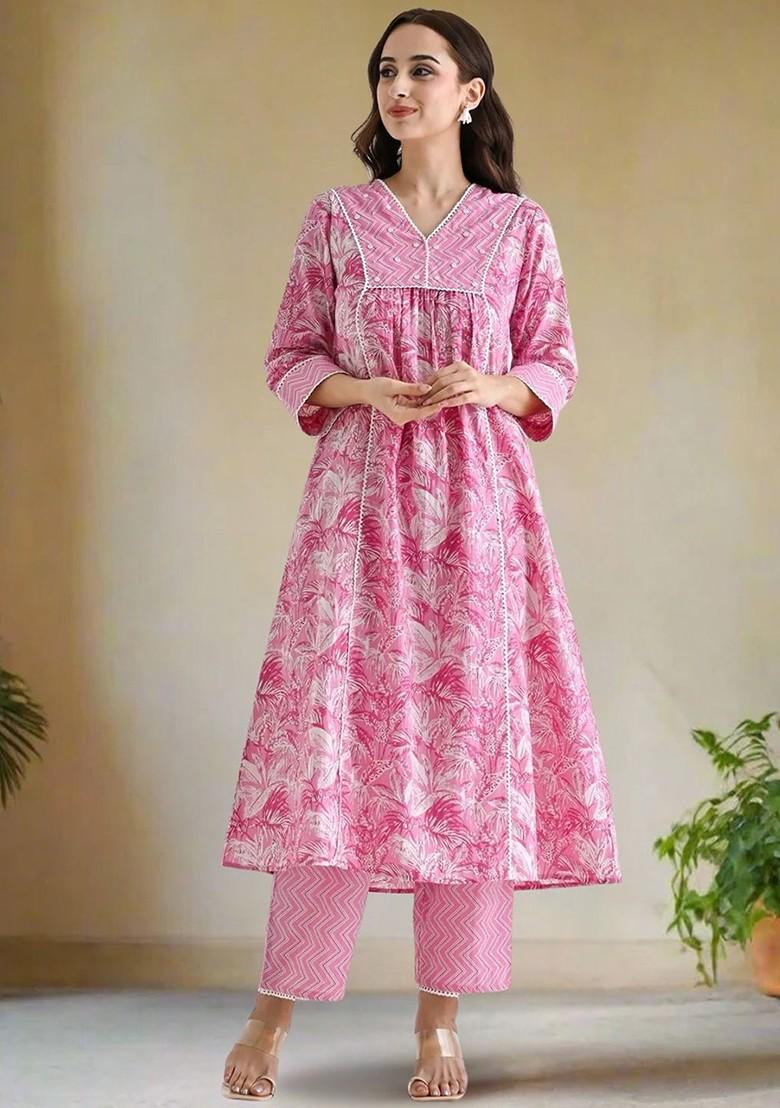 Pink Floral Print Poly Blend Kurta Set