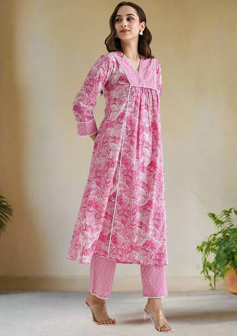 Pink Floral Print Poly Blend Kurta Set