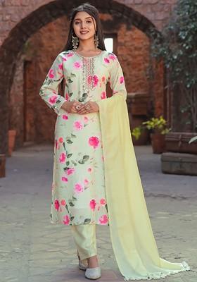 Yellow Embroidered Poly Blend Kurta Set