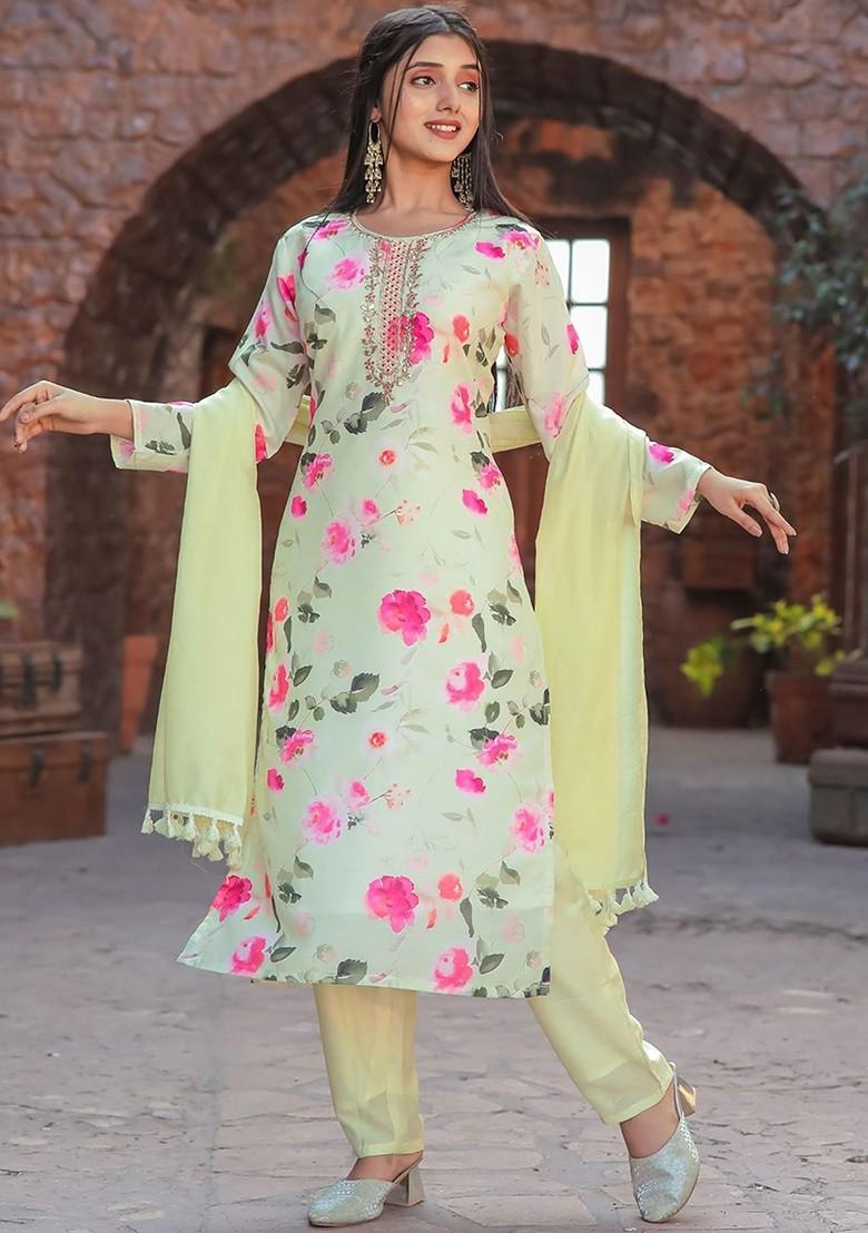 Yellow Embroidered Poly Blend Kurta Set