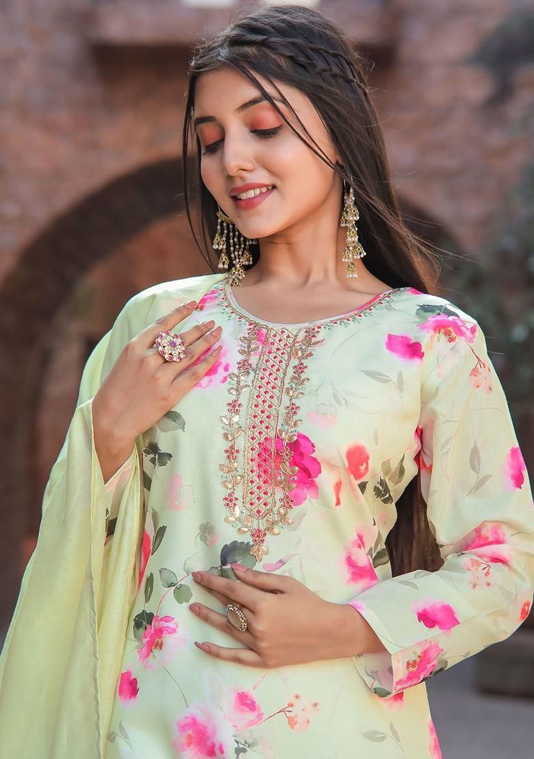 Yellow Embroidered Poly Blend Kurta Set