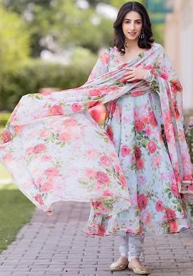 Blue Floral Print Poly Blend Kurta Set