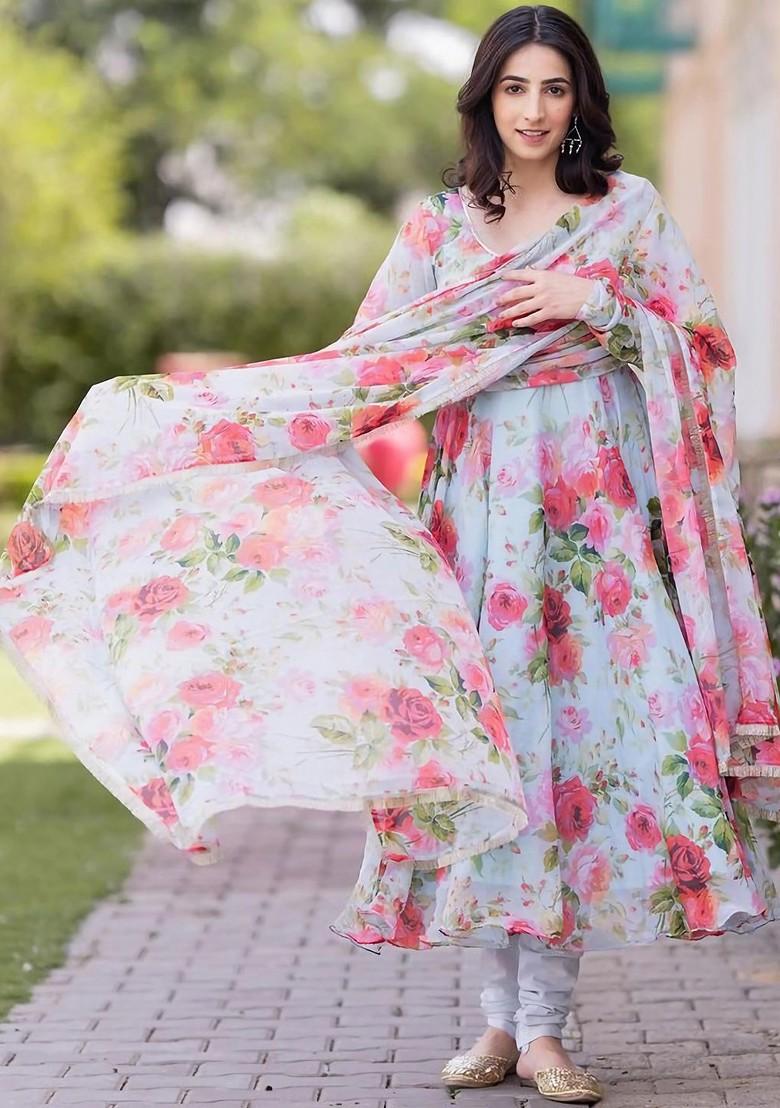 Blue Floral Print Poly Blend Kurta Set