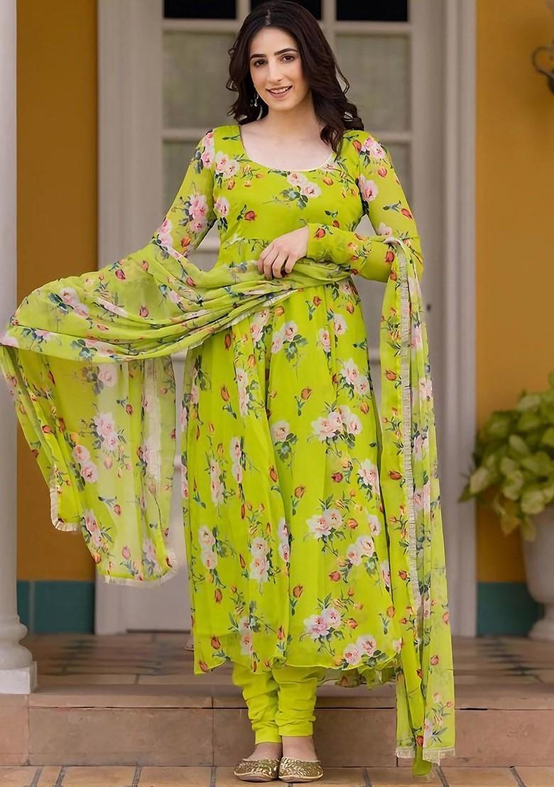 Green Floral Print Poly Blend Kurta Set
