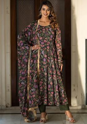 Green Floral Print Poly Blend Kurta Set