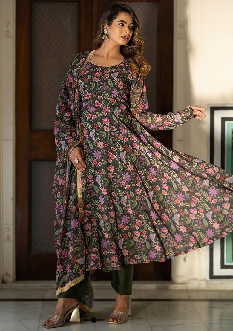 Green Floral Print Poly Blend Kurta Set
