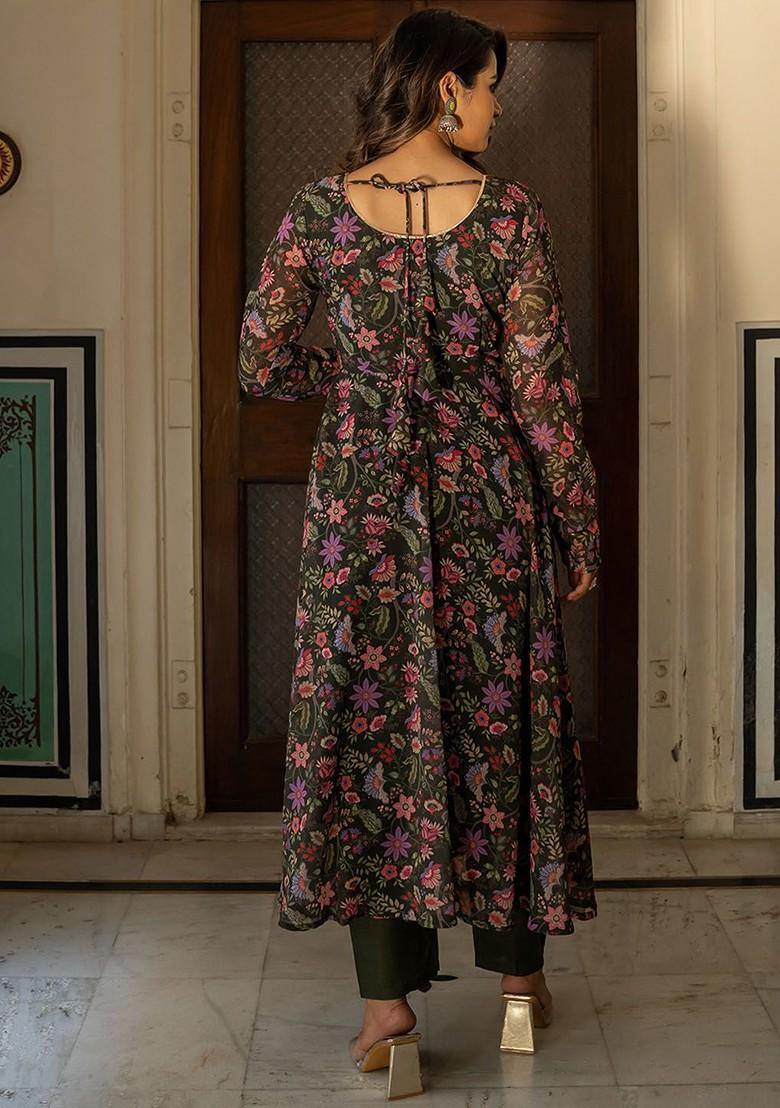 Green Floral Print Poly Blend Kurta Set