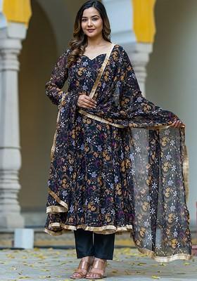 Black Floral Print Poly Blend Kurta Set