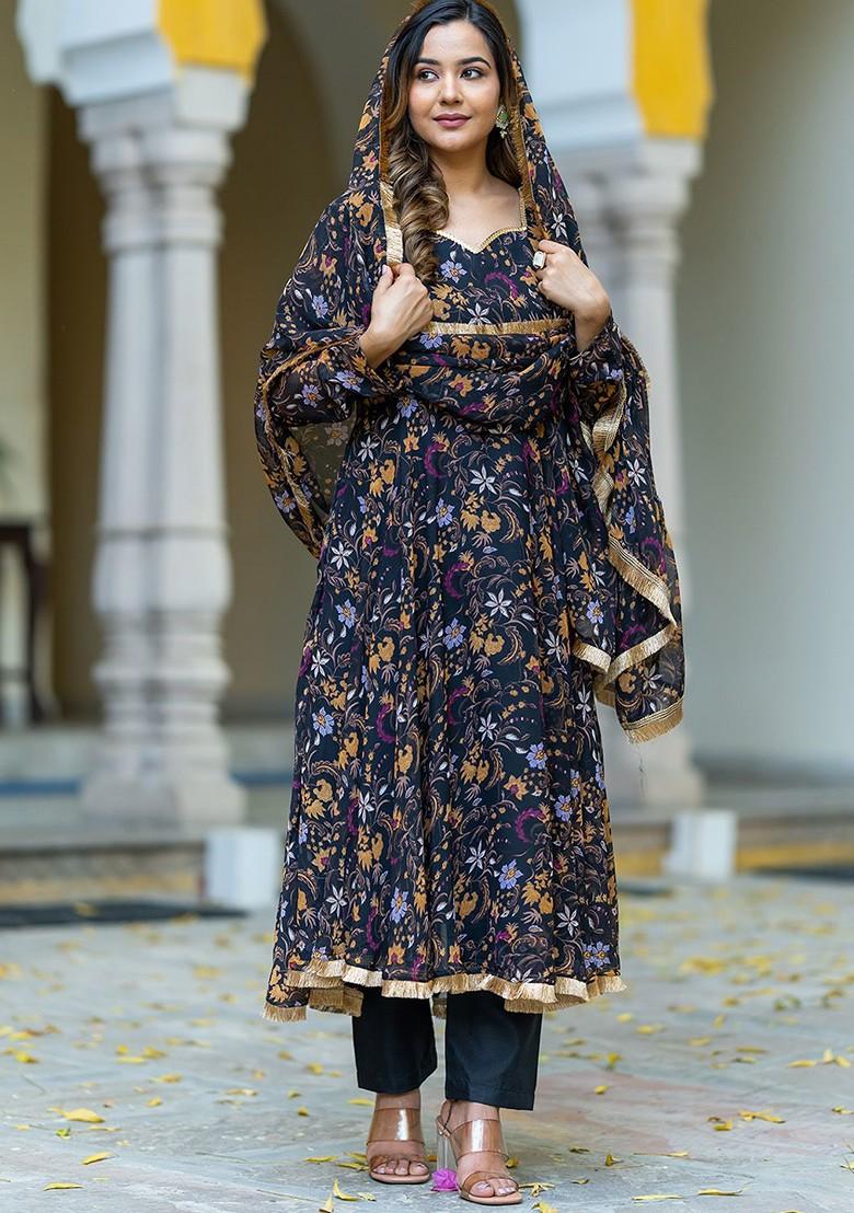 Black Floral Print Poly Blend Kurta Set