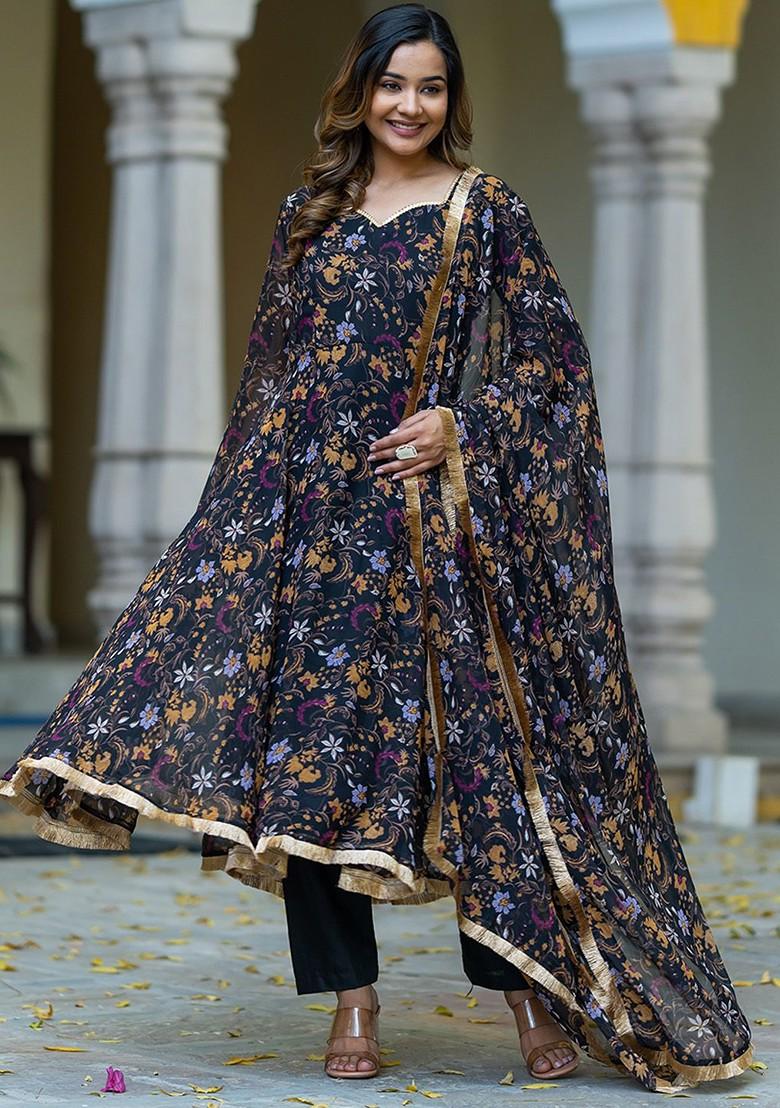 Black Floral Print Poly Blend Kurta Set