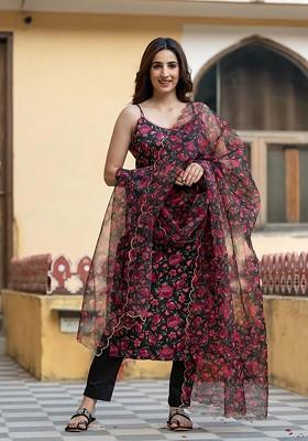 Black Floral Print Poly Blend Kurta Set