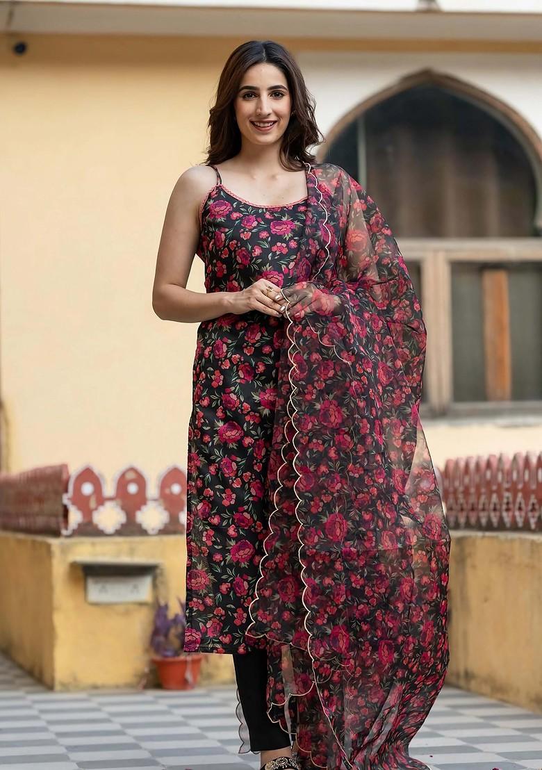 Black Floral Print Poly Blend Kurta Set