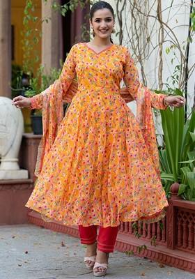 Orange Floral Print Poly Blend Kurta Set