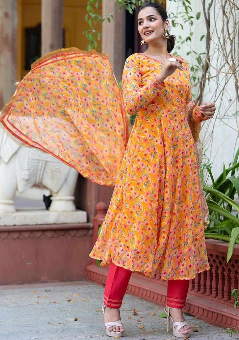 Orange Floral Print Poly Blend Kurta Set