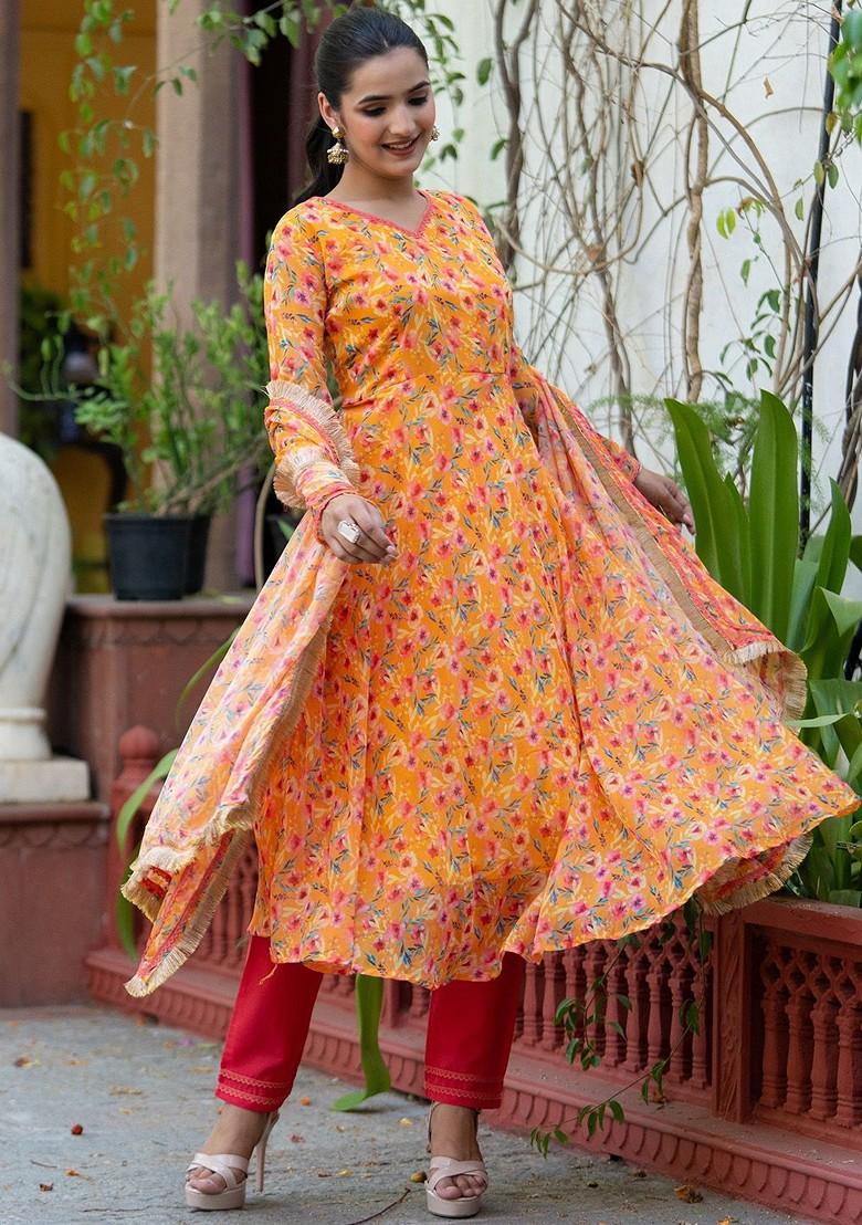 Orange Floral Print Poly Blend Kurta Set