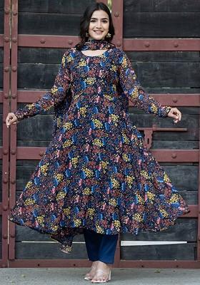 Navy Blue Floral Print Poly Blend Kurta Set