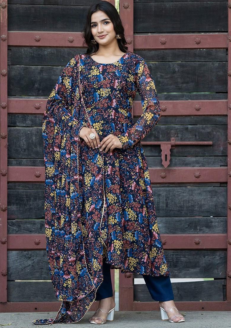 Navy Blue Floral Print Poly Blend Kurta Set