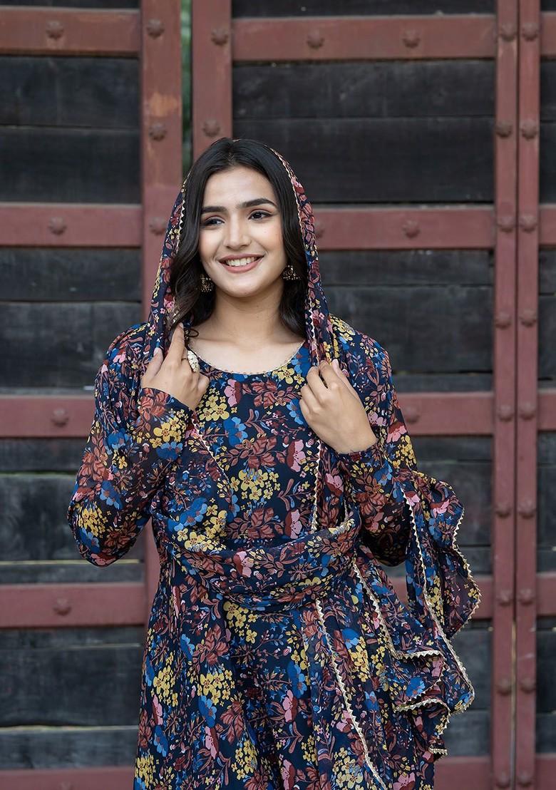 Navy Blue Floral Print Poly Blend Kurta Set
