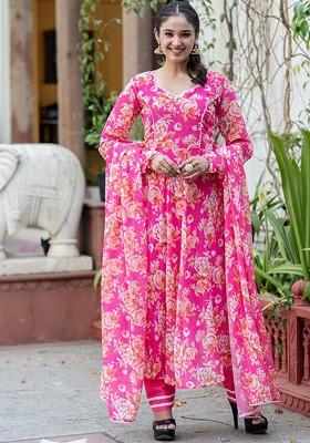 Pink Floral Print Poly Blend Kurta Set