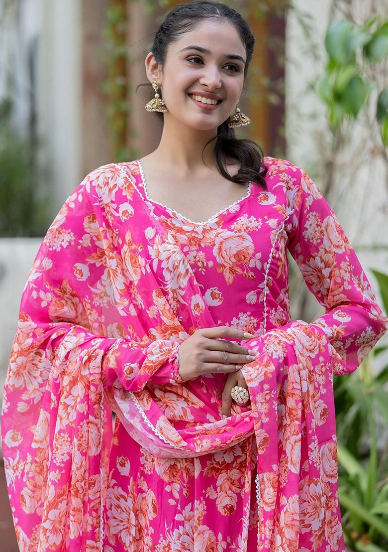 Pink Floral Print Poly Blend Kurta Set