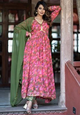 Pink Floral Print Poly Blend Kurta Set