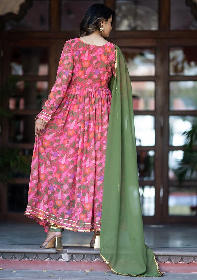 Pink Floral Print Poly Blend Kurta Set