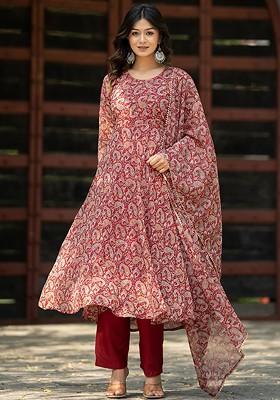 Maroon Paisley print Poly Blend Kurta Set