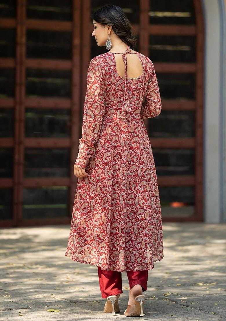 Maroon Paisley print Poly Blend Kurta Set