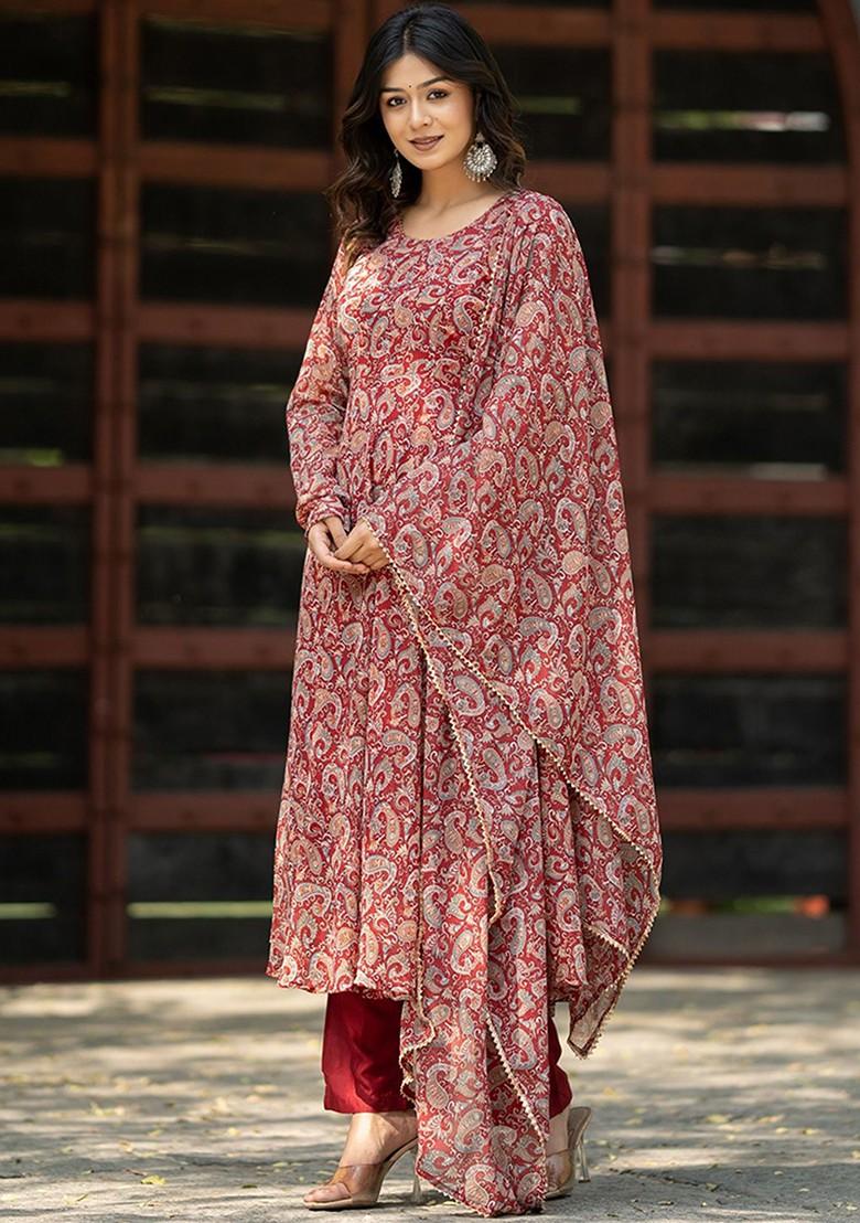 Maroon Paisley print Poly Blend Kurta Set