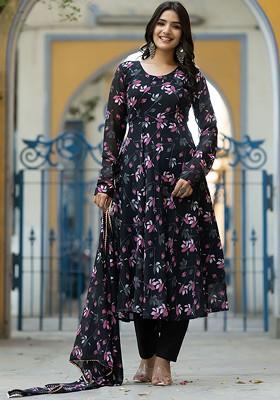 Black Floral Print Poly Blend Kurta Set With Dupatta