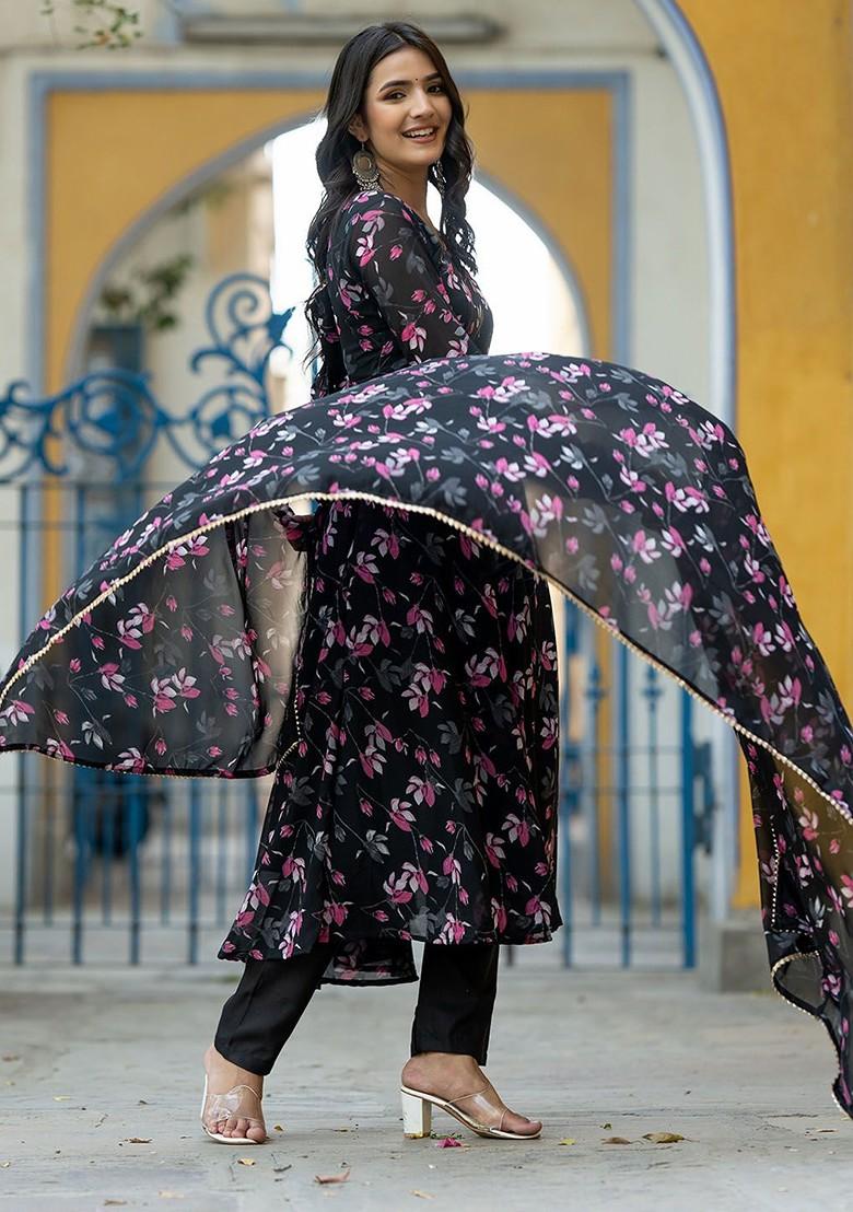 Black Floral Print Poly Blend Kurta Set