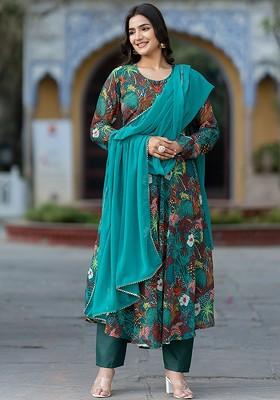 Green Floral Print Poly Blend Kurta Set