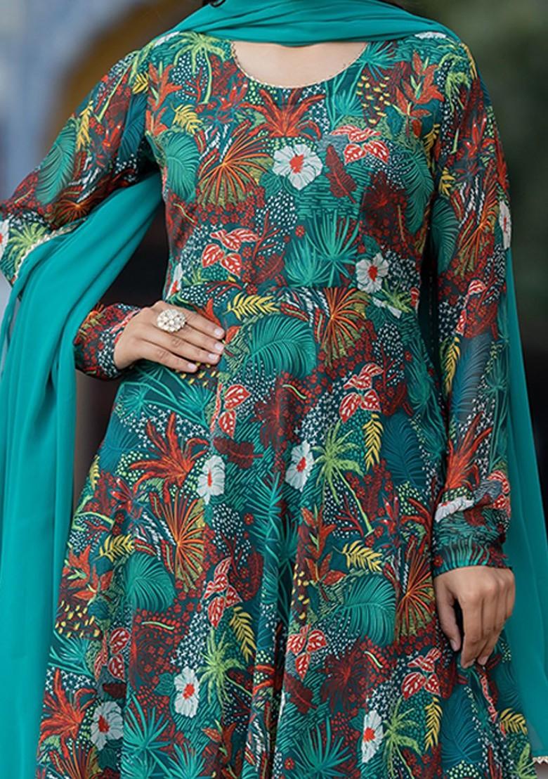 Green Floral Print Poly Blend Kurta Set