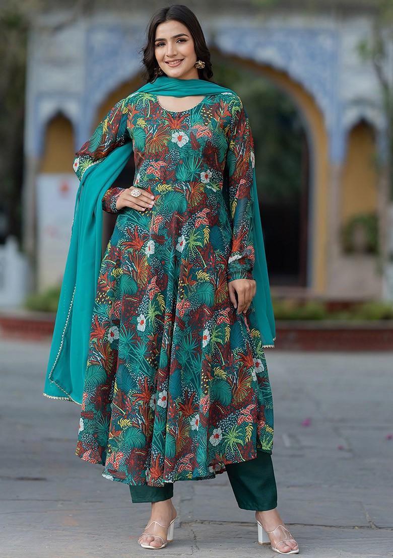 Green Floral Print Poly Blend Kurta Set